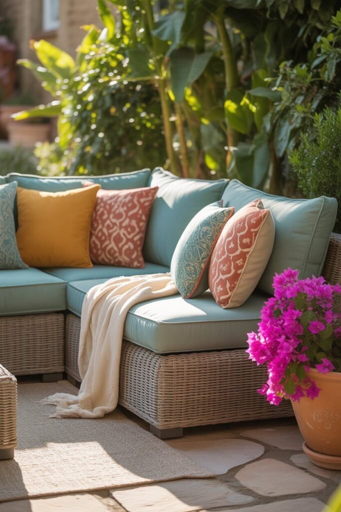 Vibrant boho outdoor lounge 3 cozy sofa in vibrant boho outdoor lounge.