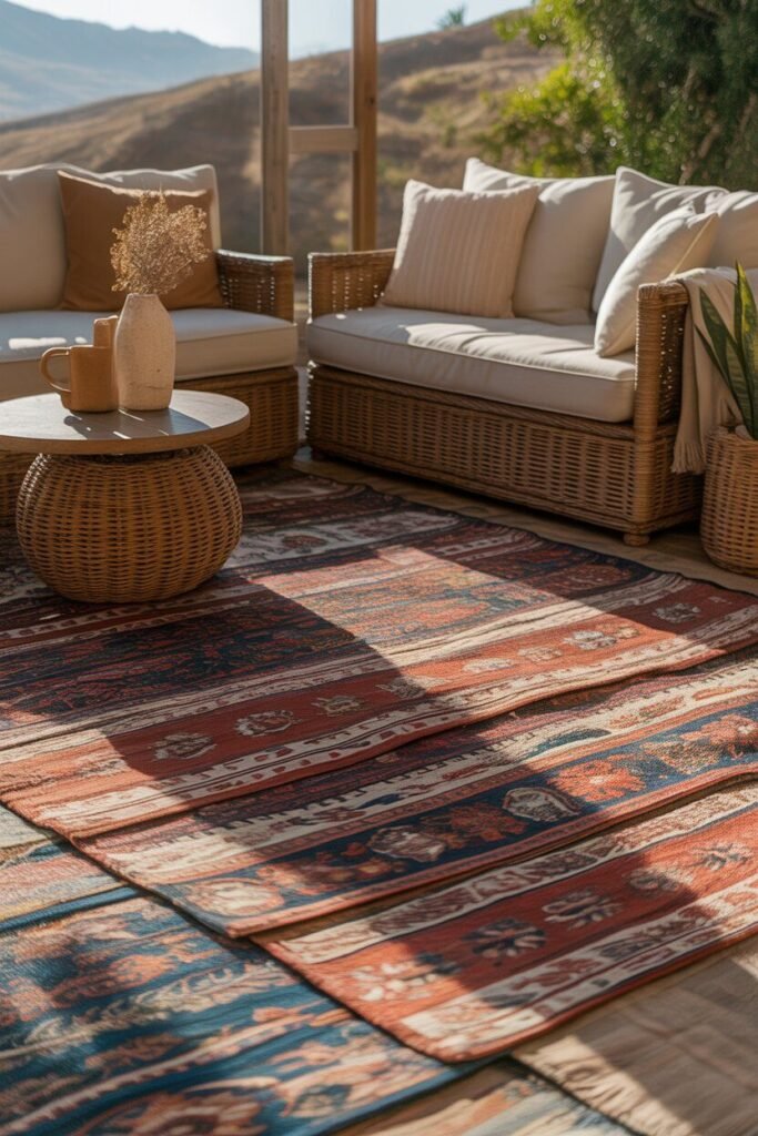 Vibrant boho outdoor lounge 9 rugs in vibrant boho outdoor lounge.