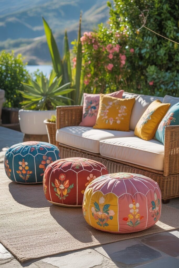 Vibrant boho outdoor lounge 10 colorful poufs vibrant boho outdoor lounge