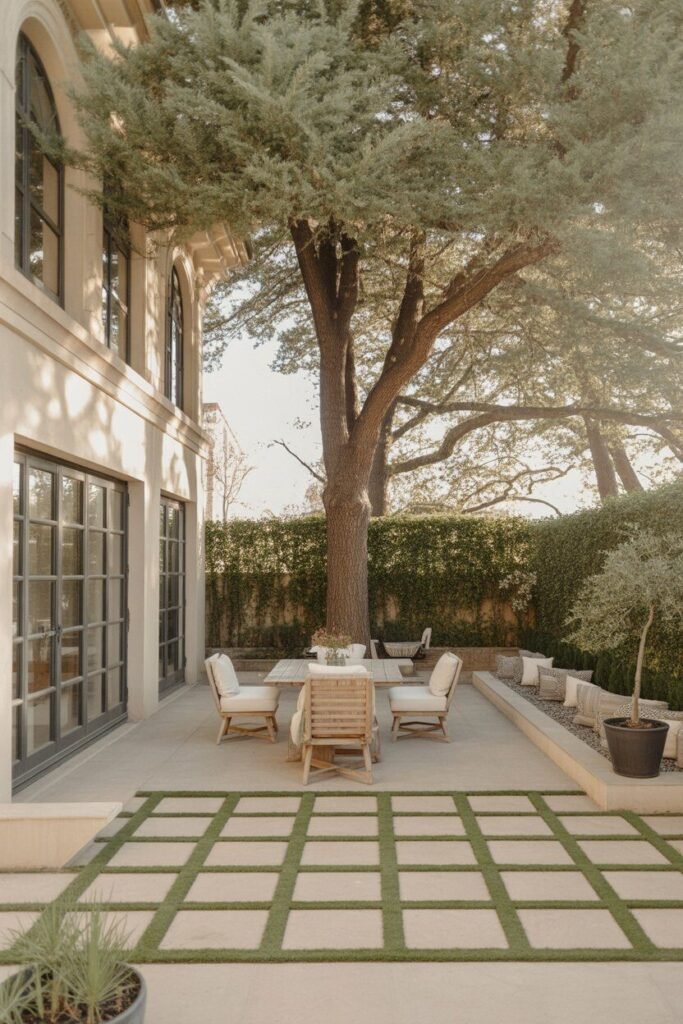 symmetrical backyard garden with circular patio 3 Backyard patio with circular tree center