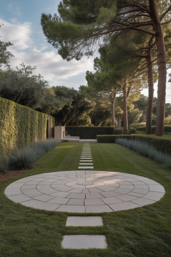 symmetrical backyard garden with circular patio 4 Circular patio in symmetrical garden