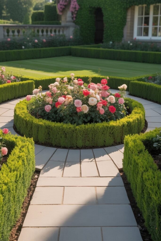 symmetrical backyard garden with circular patio 5 Trimmed hedges in backyard garden