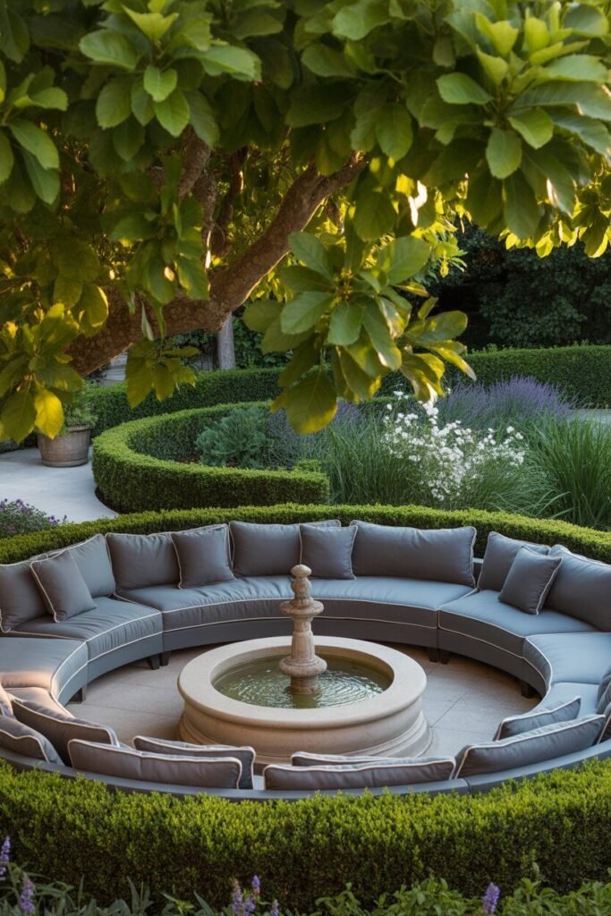 symmetrical backyard garden with circular patio 6 Gray sofas in circular patio
