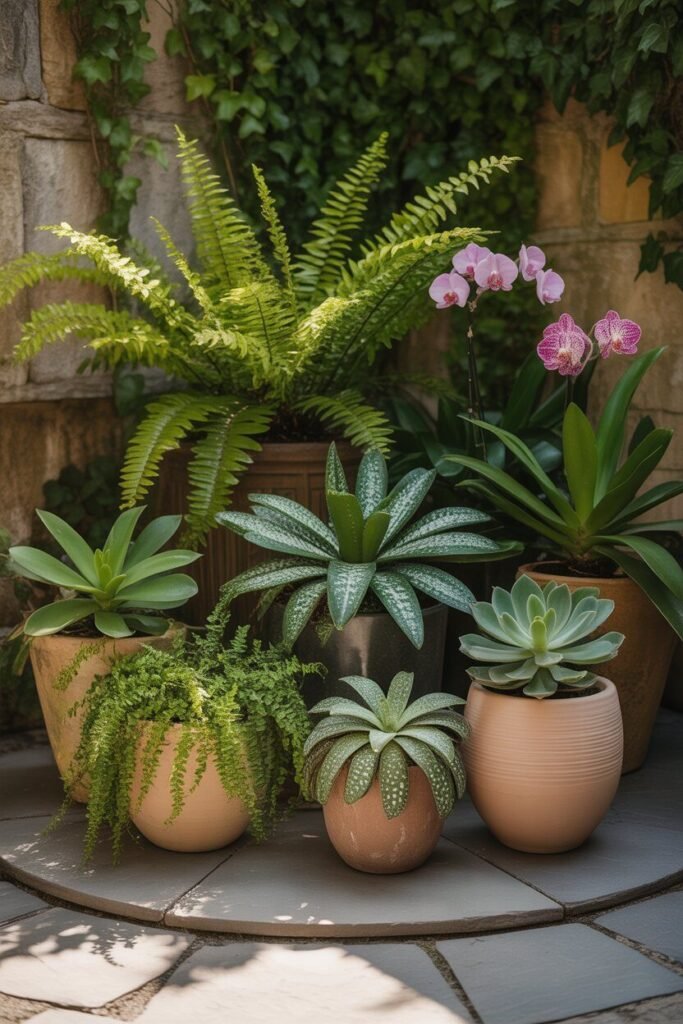 symmetrical backyard garden with circular patio 8 Potted plants in symmetrical patio