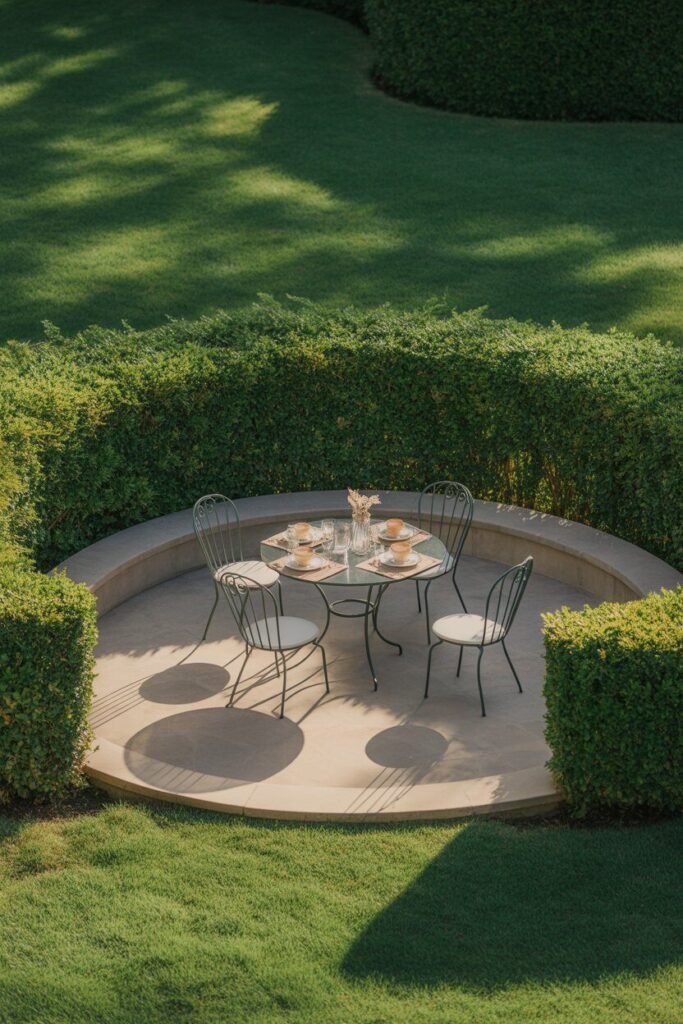 symmetrical backyard garden with circular patio 9 Manicured lawn in symmetrical garden