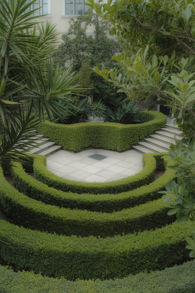 symmetrical backyard garden with circular patio 10 Layered greenery in backyard garden