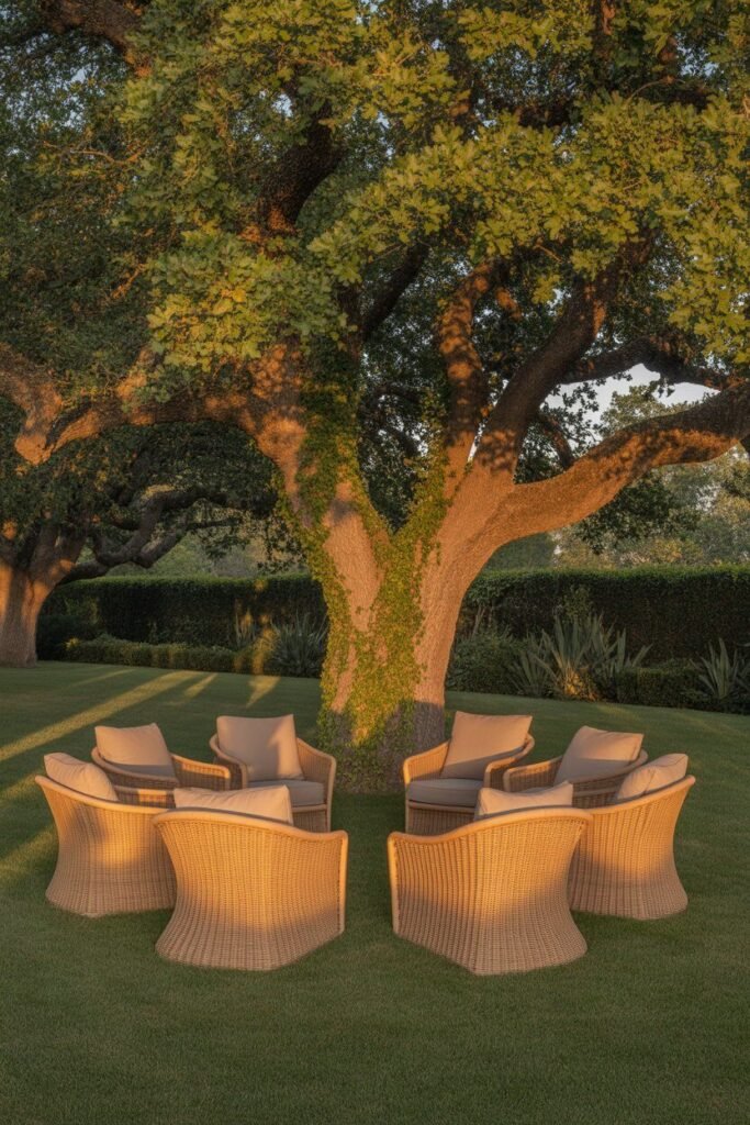symmetrical backyard garden with circular patio 12 Central seating in circular patio
