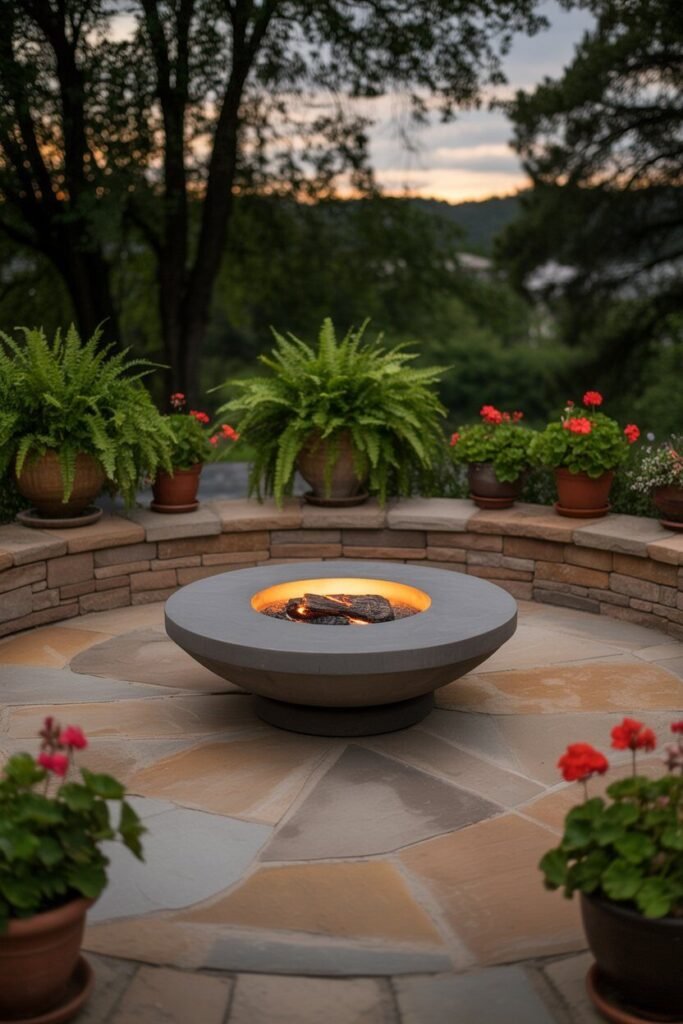 symmetrical backyard garden with circular patio 13 Evening lighting in symmetrical patio