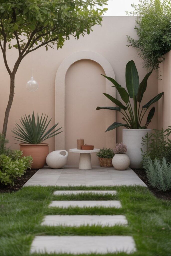 symmetrical backyard garden with circular patio 14 Minimal decor in backyard garden