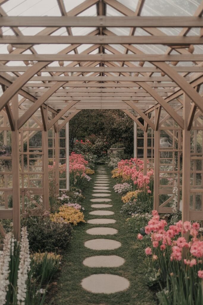 symmetrical backyard garden with circular patio 15 Seasonal flowers in symmetrical garden