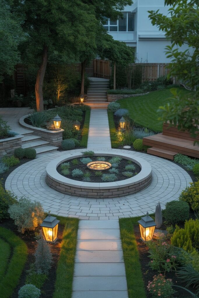 symmetrical backyard garden with circular patio 16 Symmetrical backyard garden evening view