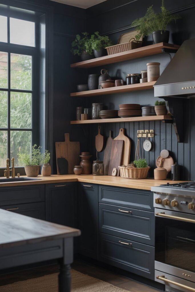 Dark kitchen ideas 12 open shelving dark kitchen ideas.