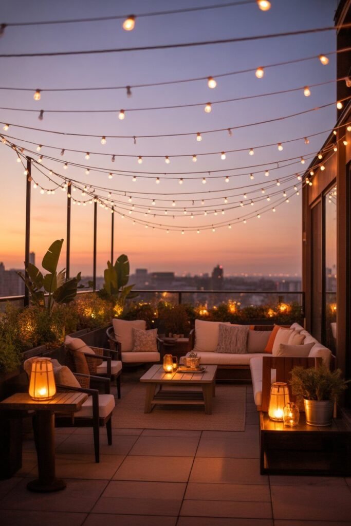 Luxurious rooftop terrace ideas 5 String lights on luxurious rooftop terrace.