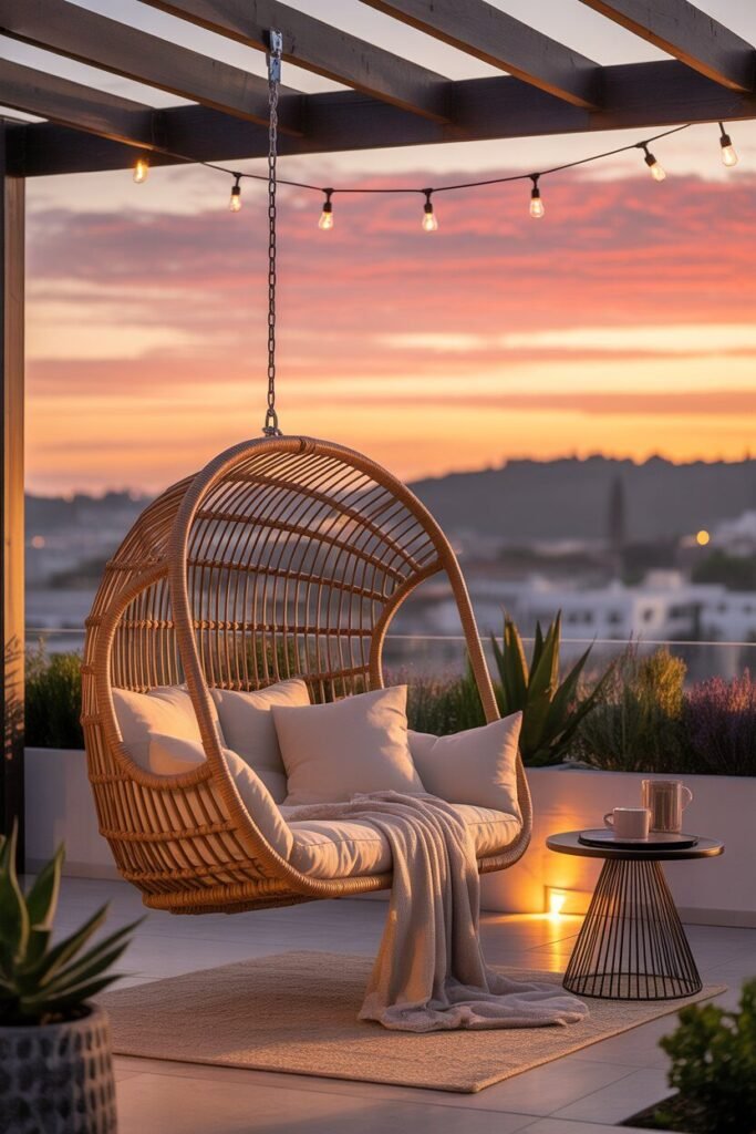 Luxurious rooftop terrace ideas 12 Swing chair on luxurious rooftop terrace.