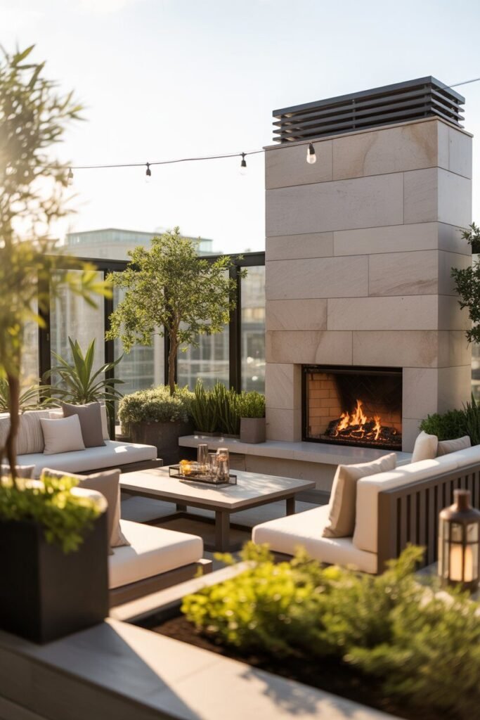 Luxurious rooftop terrace ideas 15 Outdoor fireplace luxurious terrace.