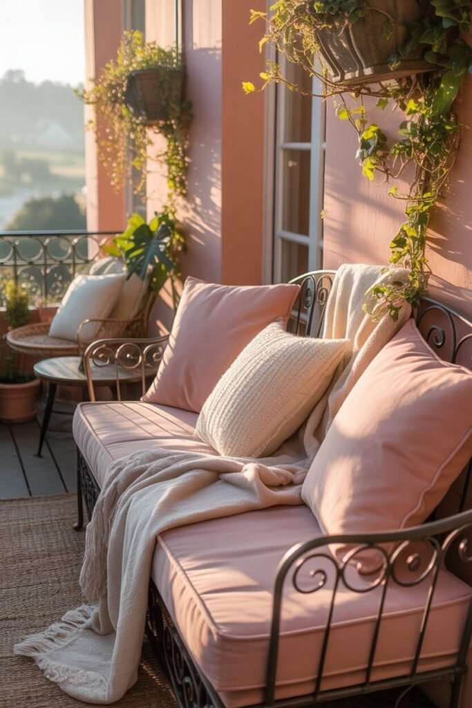 cozy pink balcony aesthetic seating