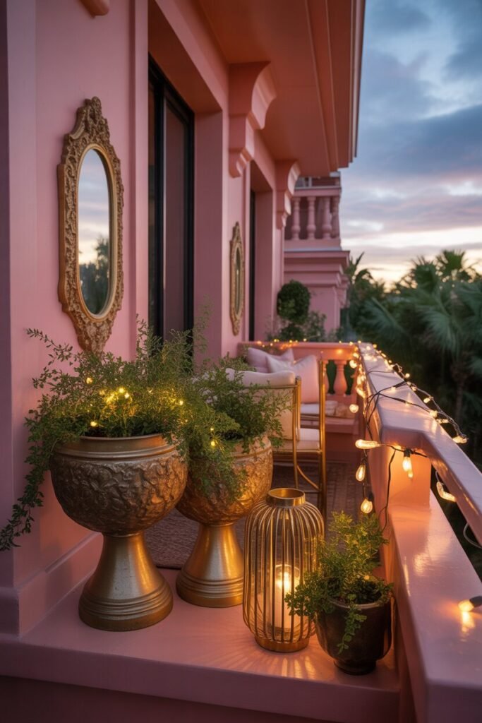 pink balcony aesthetic with gold decor