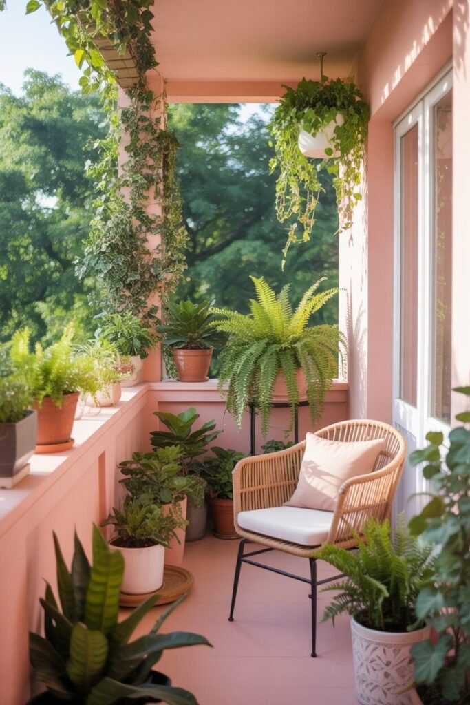 pink balcony aesthetic with greenery
