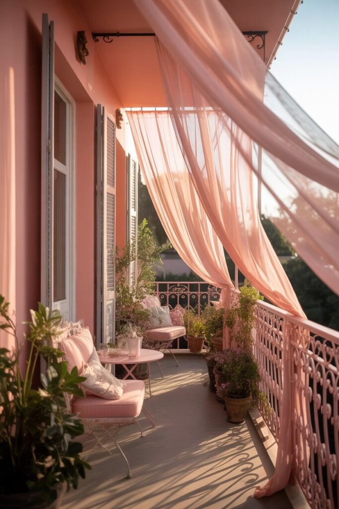 pink balcony aesthetic with curtains