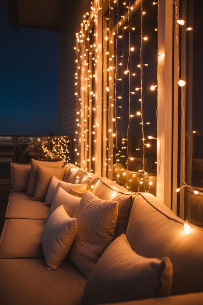 Magical night lighting ideas of balcony 12 Curtain lights balcony magical glow