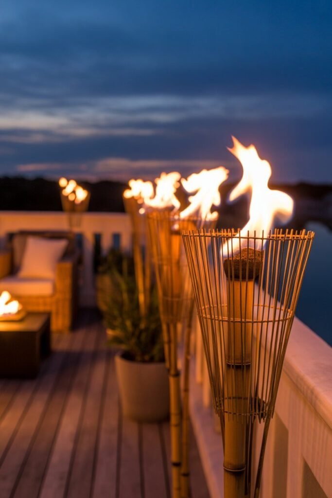Magical night lighting ideas of balcony 13 Bamboo torch balcony lighting