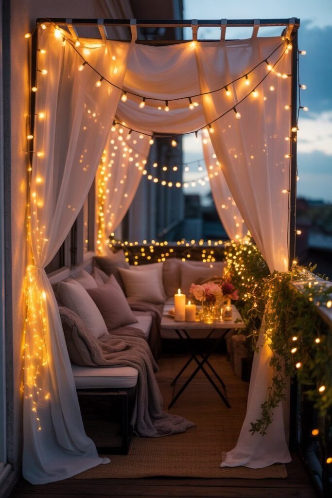 Magical night lighting ideas of balcony 14 Fairy light canopy balcony lighting