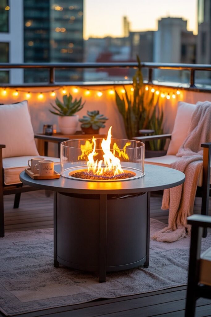 Magical night lighting ideas of balcony 16 Fire pit balcony night lighting