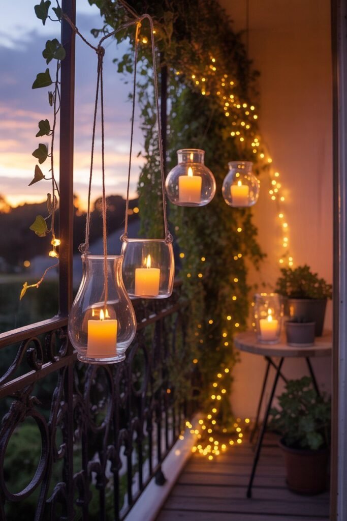 Magical night lighting ideas of balcony 17 Hanging candles balcony lighting