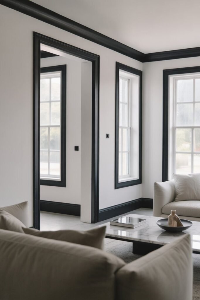 luxury white and black living room 4 white walls black trim living room