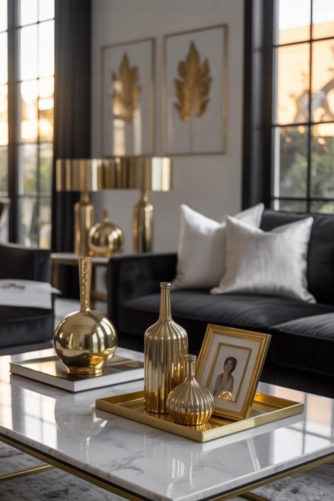 luxury white and black living room 6 gold accents in luxury white and black living room