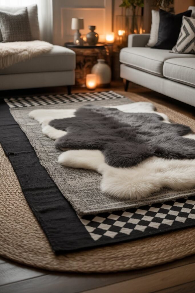 luxury white and black living room 14 layered rugs in luxury white and black living room