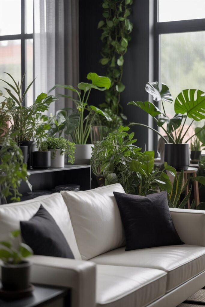 luxury white and black living room 16 green plants in luxury white and black living room