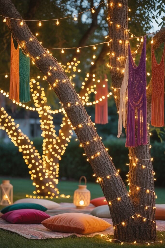 Different colorful boho outdoor garden ideas for night 2  fairy lights in colorful boho garden