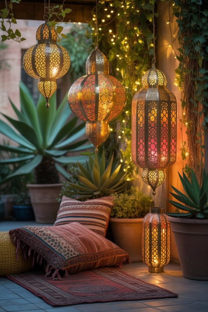 Different colorful boho outdoor garden ideas for night 3 Moroccan lanterns boho garden night