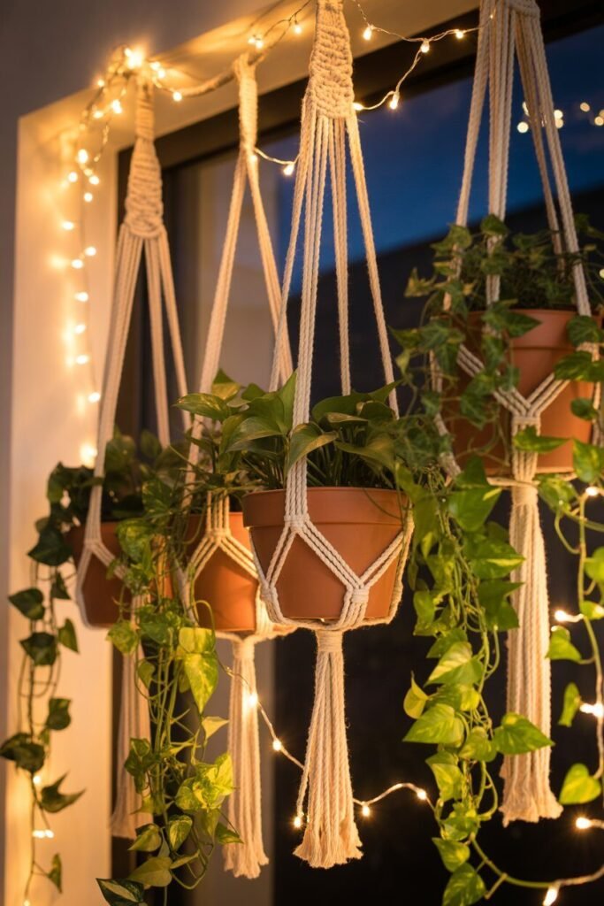Different colorful boho outdoor garden ideas for night 5 hanging macramé plants boho garden