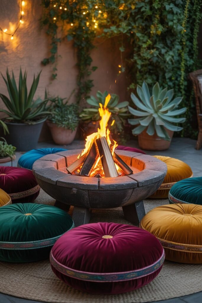 Different colorful boho outdoor garden ideas for night 6 boho garden fire pit night