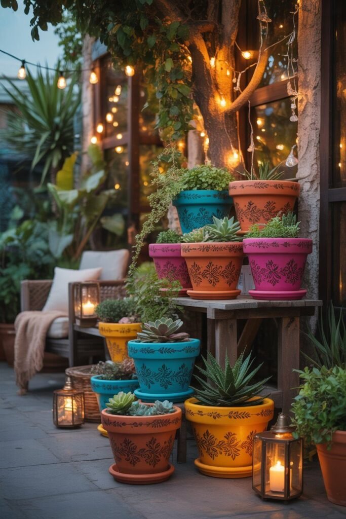 Different colorful boho outdoor garden ideas for night 8 colorful pots boho garden night