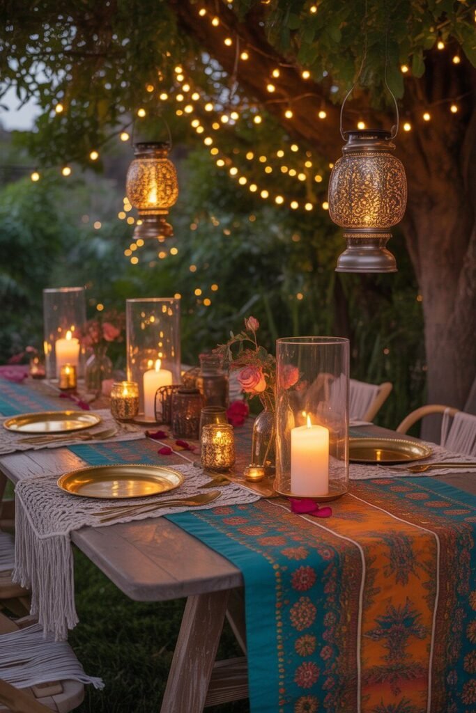 Different colorful boho outdoor garden ideas for night 9 boho outdoor dining night setup