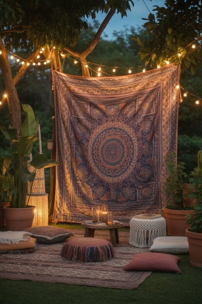 Different colorful boho outdoor garden ideas for night 10 boho tapestry wall outdoor night