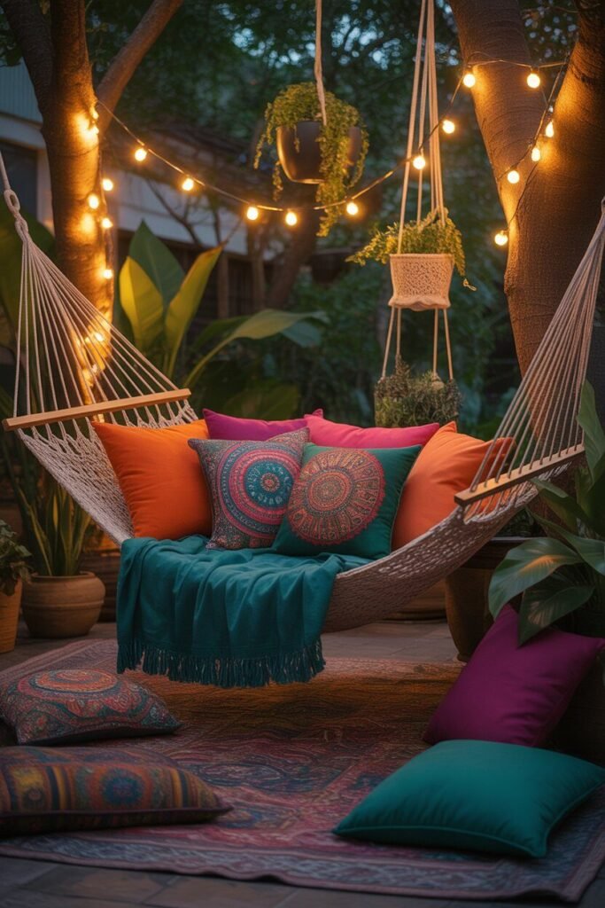 Different colorful boho outdoor garden ideas for night 12 hammock boho outdoor night