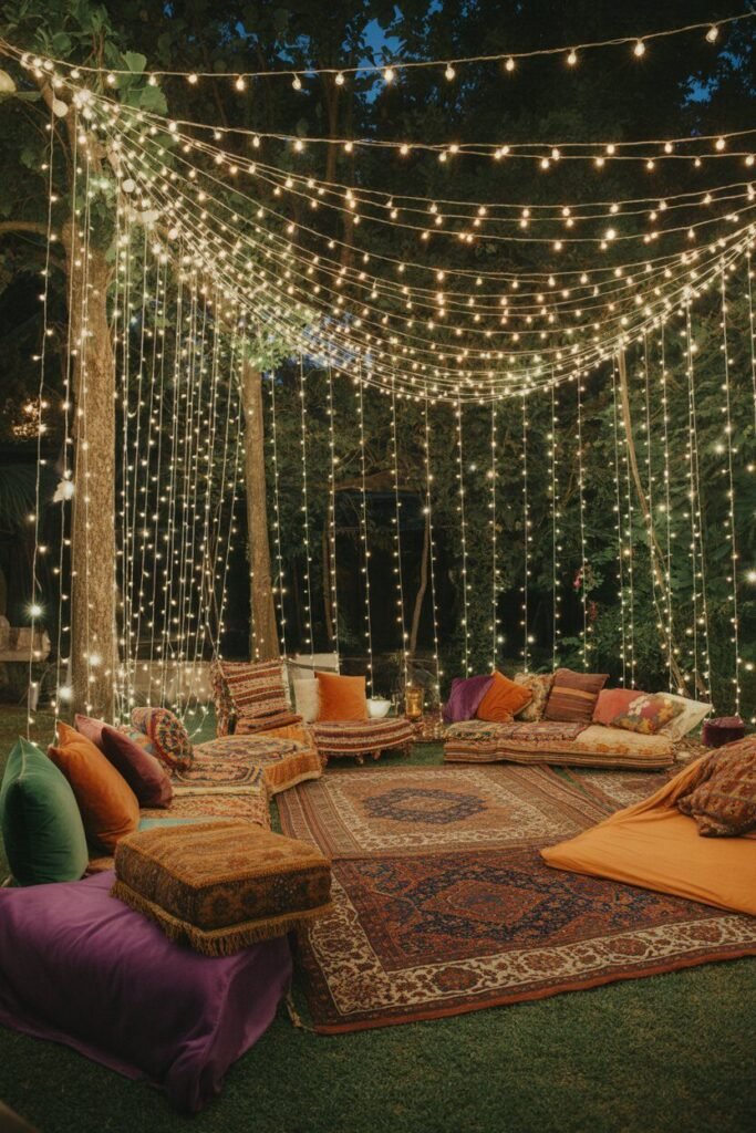 Different colorful boho outdoor garden ideas for night 13 string light canopy boho night