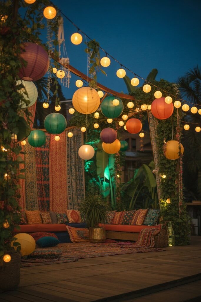 Different colorful boho outdoor garden ideas for night 15 globe lights boho garden night