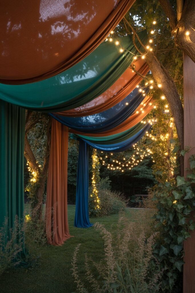 Different colorful boho outdoor garden ideas for night 16 colorful fabric drapes boho garden