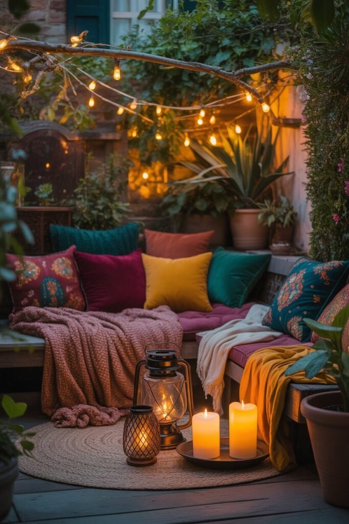 Different colorful boho outdoor garden ideas for night 18 cozy boho garden night corner