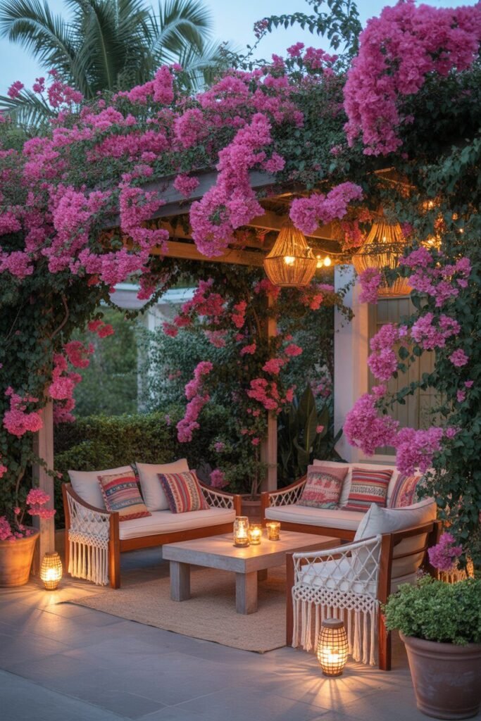 Bohemian outdoor garden ideas for night 2 vibrant pink blooms in bohemian outdoor garden