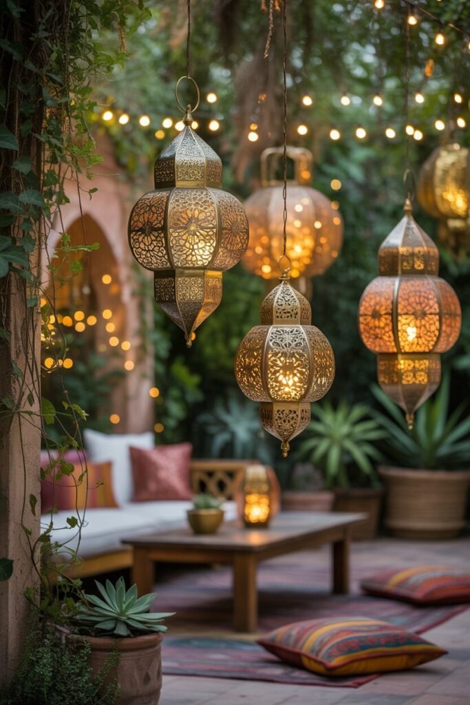 Bohemian outdoor garden ideas for night 3 Moroccan lanterns bohemian outdoor garden