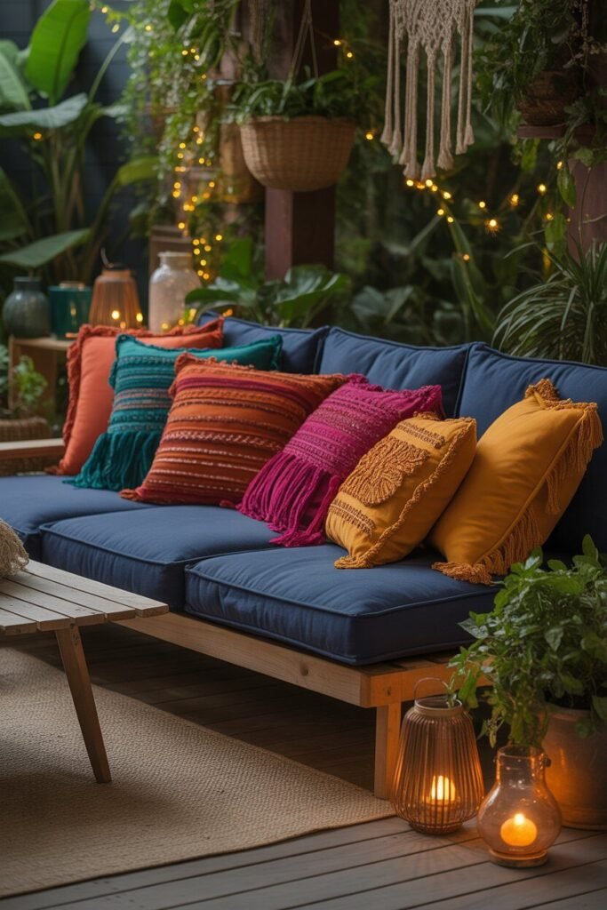 Bohemian outdoor garden ideas for night 4 colorful cushions in bohemian garden