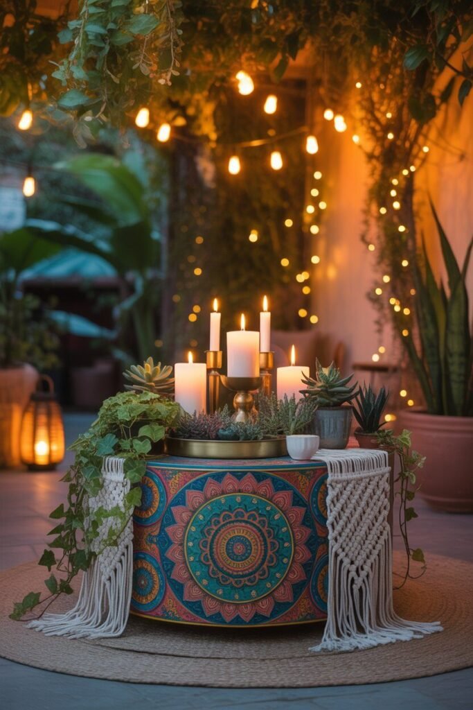 Bohemian outdoor garden ideas for night 7 round boho table in garden