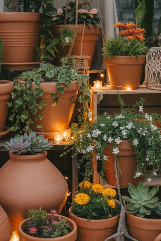 Bohemian outdoor garden ideas for night 8 terracotta planters bohemian outdoor garden