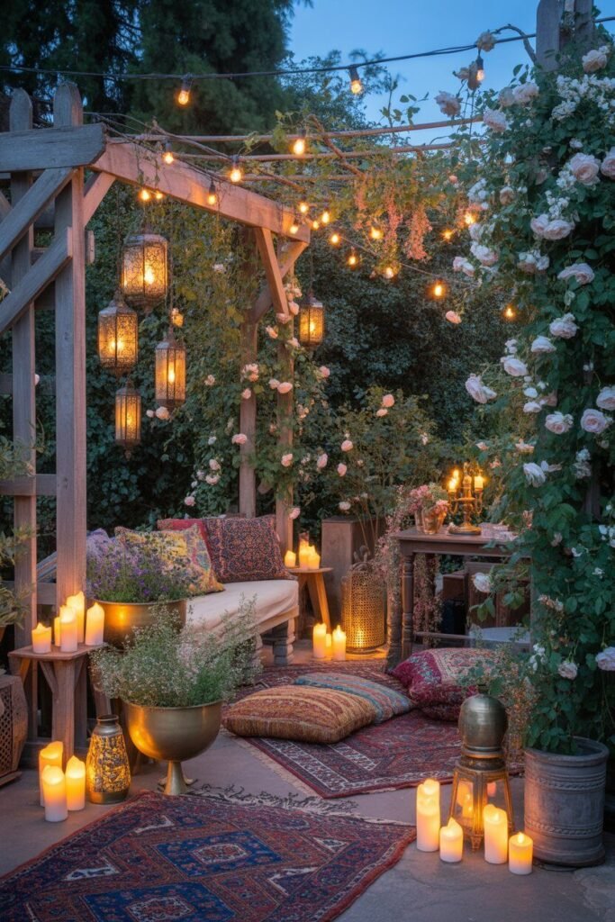 Bohemian outdoor garden ideas for night 16 bohemian garden glowing at night